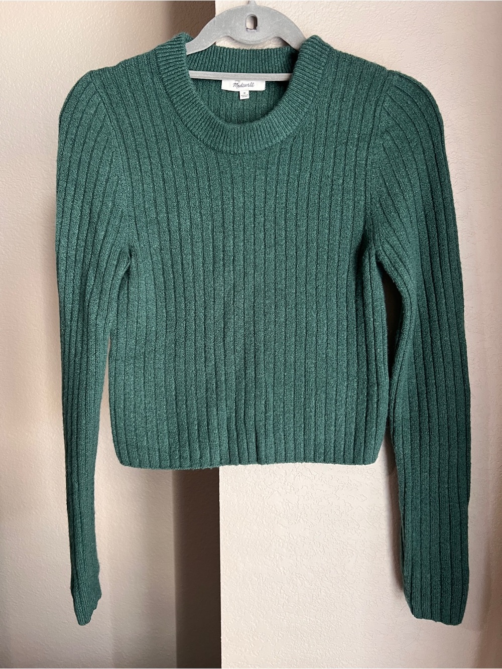 Madewell Teal Ribbed Cropped Crewneck Sweater